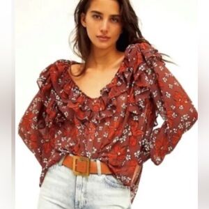 FREE PEOPLE beautiful Peasant floral gauze blouse Sz S
